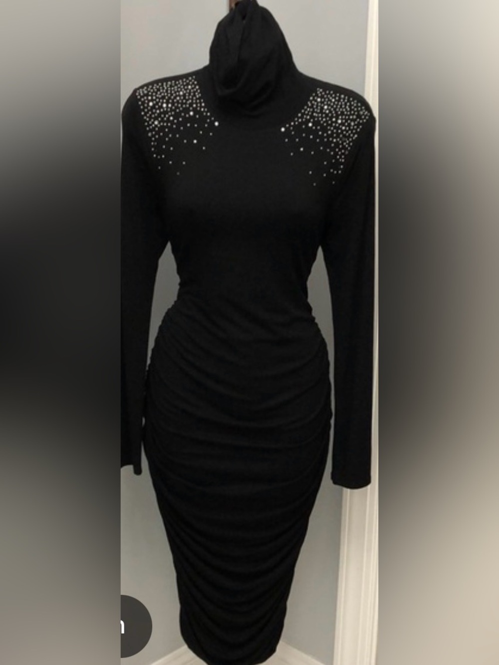 Vince Camuto Black Long-Sleeve Ruched Turtleneck Dress with Studded Shoulders